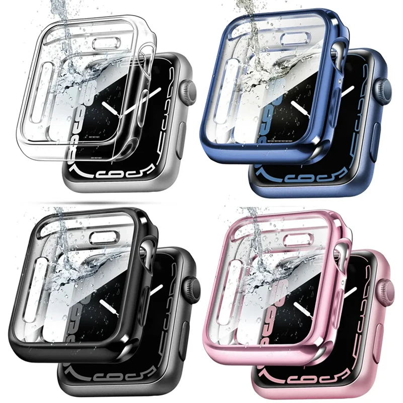 TPU-Abdeckung für Apple Watch-Gehäuse, Serie 9, 8, 7, 6, 5, 4, 3, SE 41 mm, 45 mm, 42–44 mm–40 mm, Displayschutzfolie, Zubehör für Apple Watch-Armband