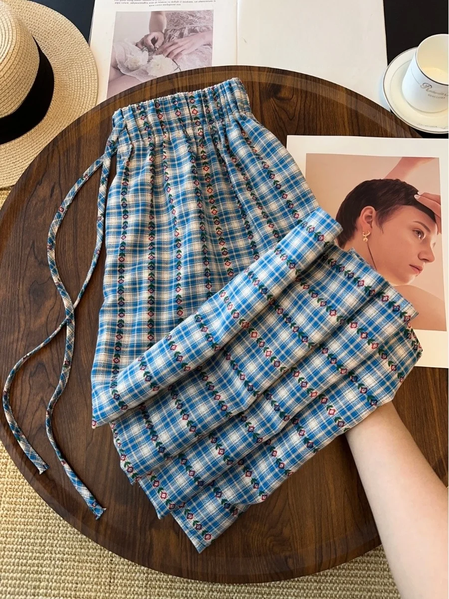 

Blue Plaid Wide Leg Loose Fit Long Pants Women's Summer Casual Trousers French Style Natural Waist Cotton Polyester Blend