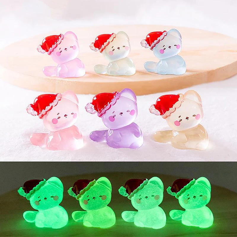 Cute Luminous Santa Hat Cats Desktop Car Decorations Micro Landscape Ornaments Christmas Accessories Glow In The Dark Toys Gifts