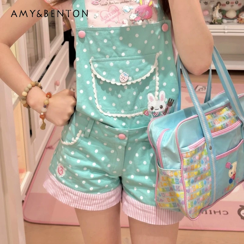 

Original Design Mint Polka Dot Animal Print Detachable Women's Overalls Summer Low Waist Sweet Cute Age-Reducing Shorts Ladies