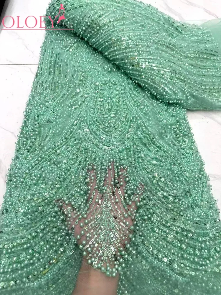 OLOEY  African Sequins Lace Fabric  5 Yards High Quality Beads French Nigerian Groom Lace Net Fabric For Sewing Dress Weddin