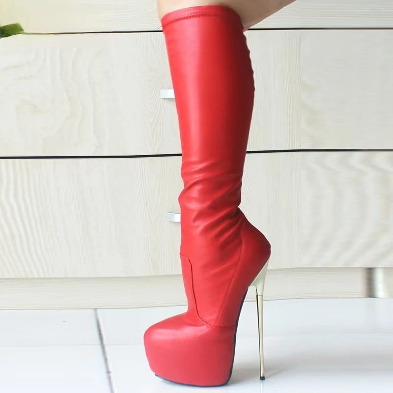 CACA  22CM Gold Metal High Heels Women Platform Knee Boots,Men Sexy Fetish Dance Shoes Botas,Round Toe,Side Zipper,Red,Dropship