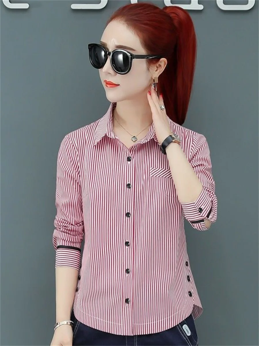 Women Spring Summer Blouses Shirts Lady Fashion Casual Long Sleeve Turn-down Striped Plaid Blusas Tops WY0292