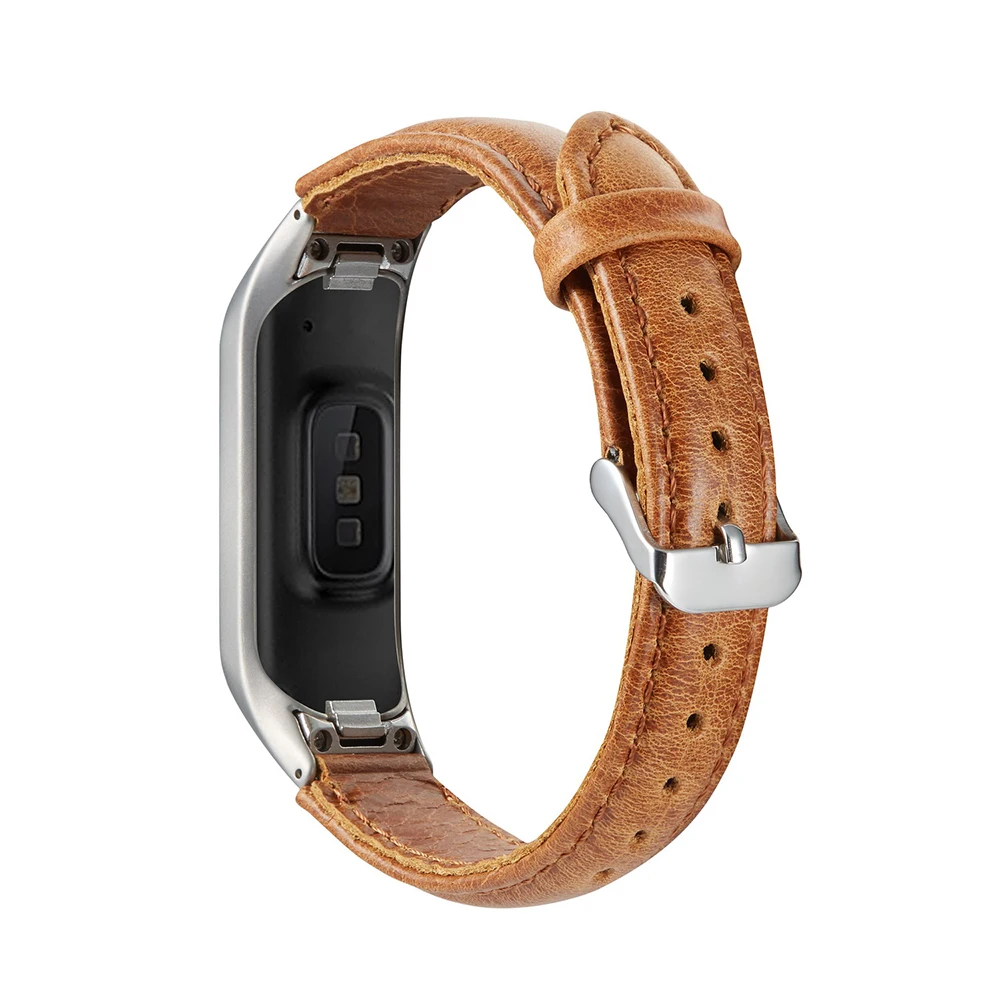 Xiaomi Mi Band 3および4用の本革ストラップ,Mi Band3およびMiBand4スマートブレスレット用のメタルフレーム付き本革ストラップ
