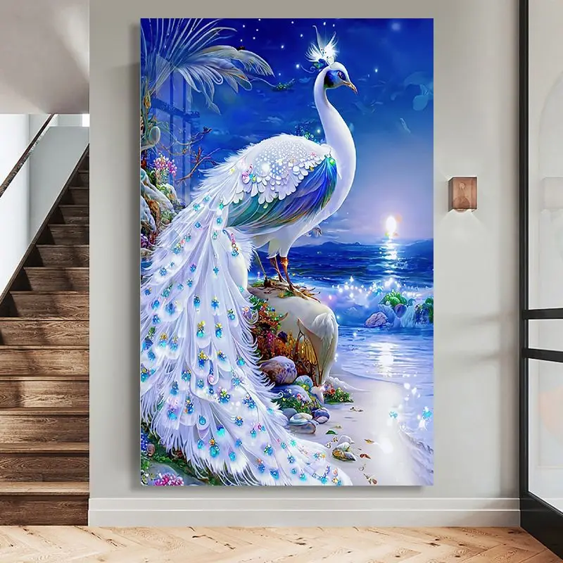 

White Peacock 5D Diamond Painting Kits Adults Beginner Friendly DIY Round Diamond Art Rhinestones Ideal Home Office Wall Decor