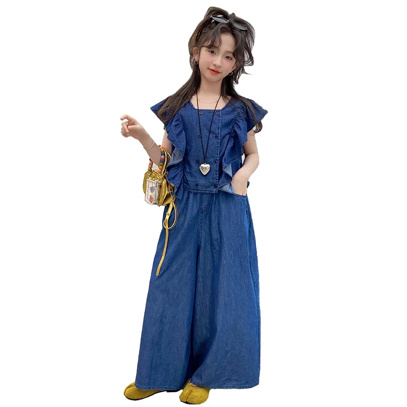 

Summer School Girl Denim Suit Teenager fashion Girl clothes Coats tops+Jeans Trousers Set For Girls 4-12Yrs