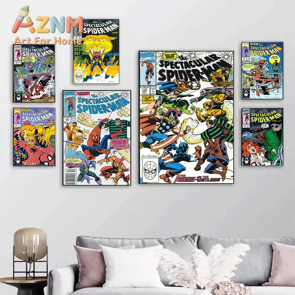 AZNM Vintage The Spectacular Spider-Man Knight Fogg Comic Cover Collage Canvas Wall Art Unframed Print Home Decor Poster for S