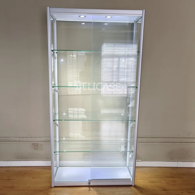 (Kunden spezifisch) hochwertige Aluminium rahmen Glaswand vitrine abschließbare Schiebe design Glas vitrine mit LED-Licht