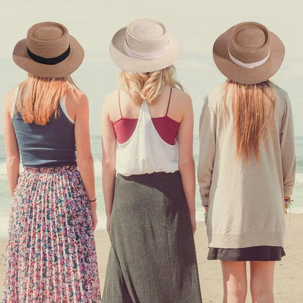 Fashion Korean Style Straw Woven Hat Wide Brim Concave Top Sunscreen Bucket Hat Sunshade Flat Brim Women's Sun Hat Seaside