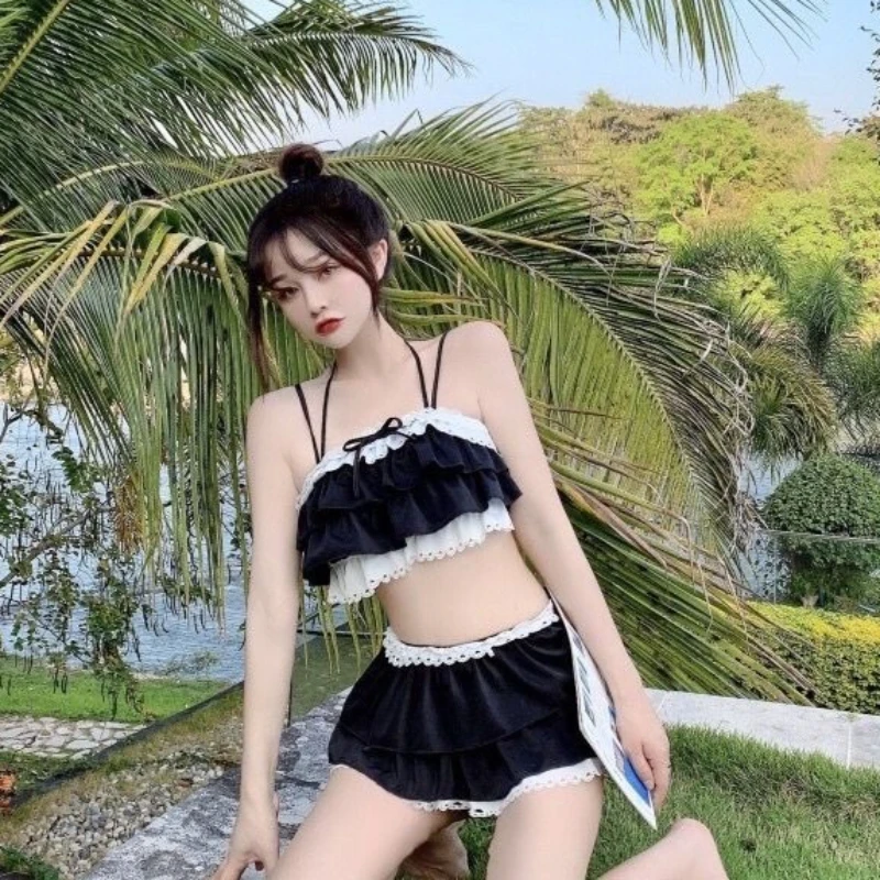 Sweet Kawaii Japanese Unique 2 Piece Swimwear Set Women Lace Ruffle Spaghetti Strap Crop Top Skirt Slim Fit Vacation Outfit 2026 view 2