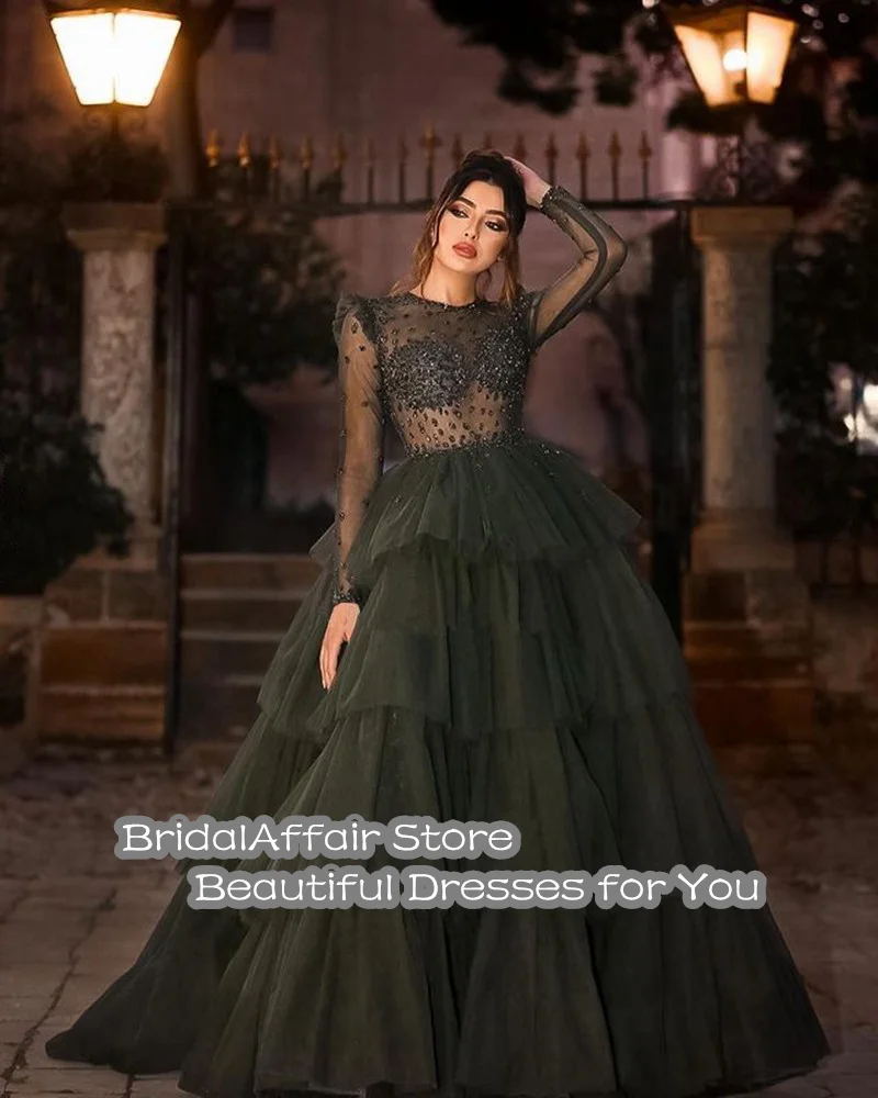 Modern Green Tulle Tiered Ball Gown Long Evening Dress Sparkly Crystals Beaded Prom Gown Custom Special Occasion Dresses