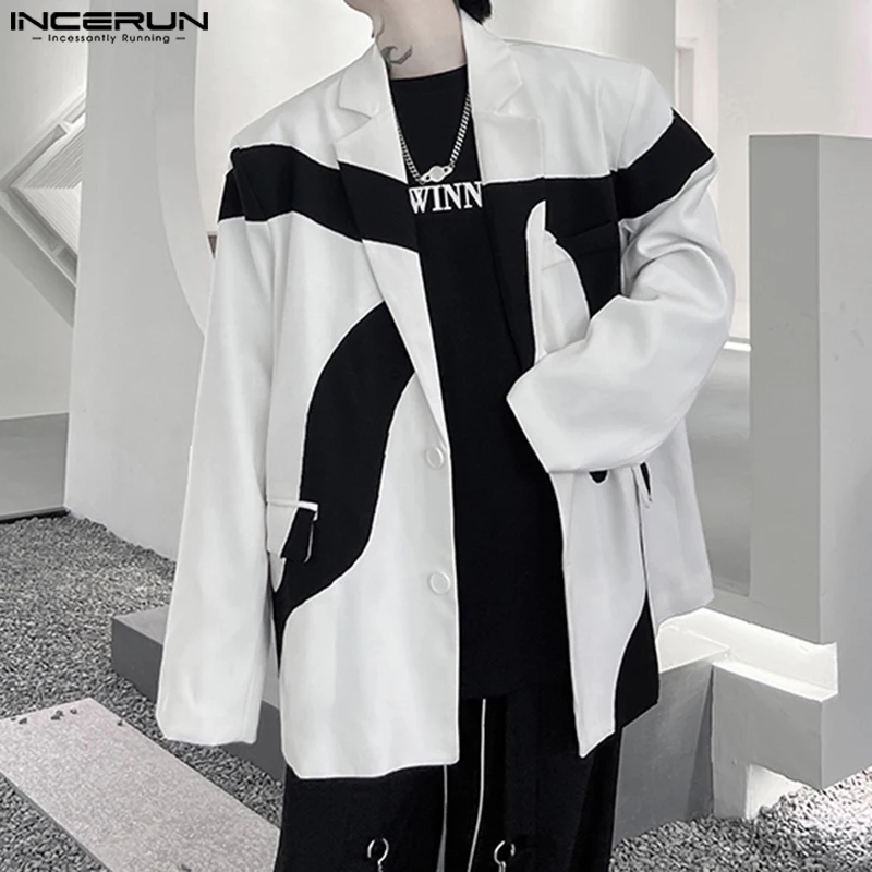 INCERUN Tops Korean Style Handsome Men's Personality Color Block Splicing Blazer Casual Streetwear Loose Long Sleeved Suit Coats