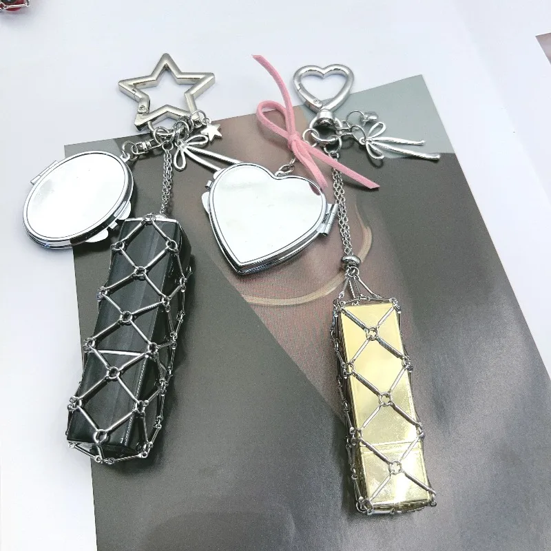 Kreative Lippenstift-Netztasche mit Bärenspiegel, Metallkette, Lippenbalsam-Beutel, Edelstahl-Tasche, Schlüsselanhänger, individuelles Logo, Geschenk für Frauen
