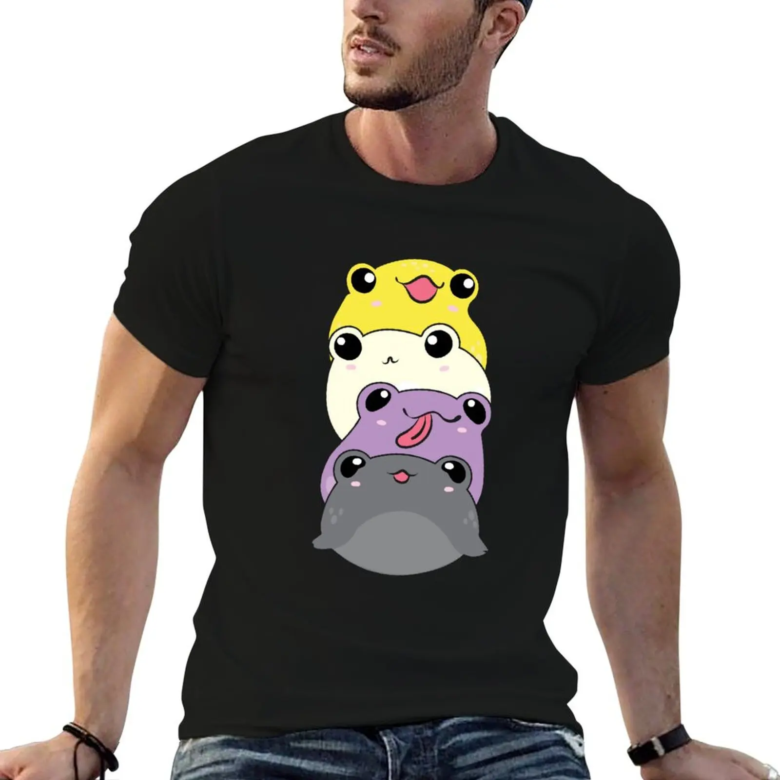 Nonbinary Pride Frog - Cute Kawaii Aesthetic Frog - Subtle Non-Binary Enby NB Pride Flag Colors Frog Pile T-Shirt