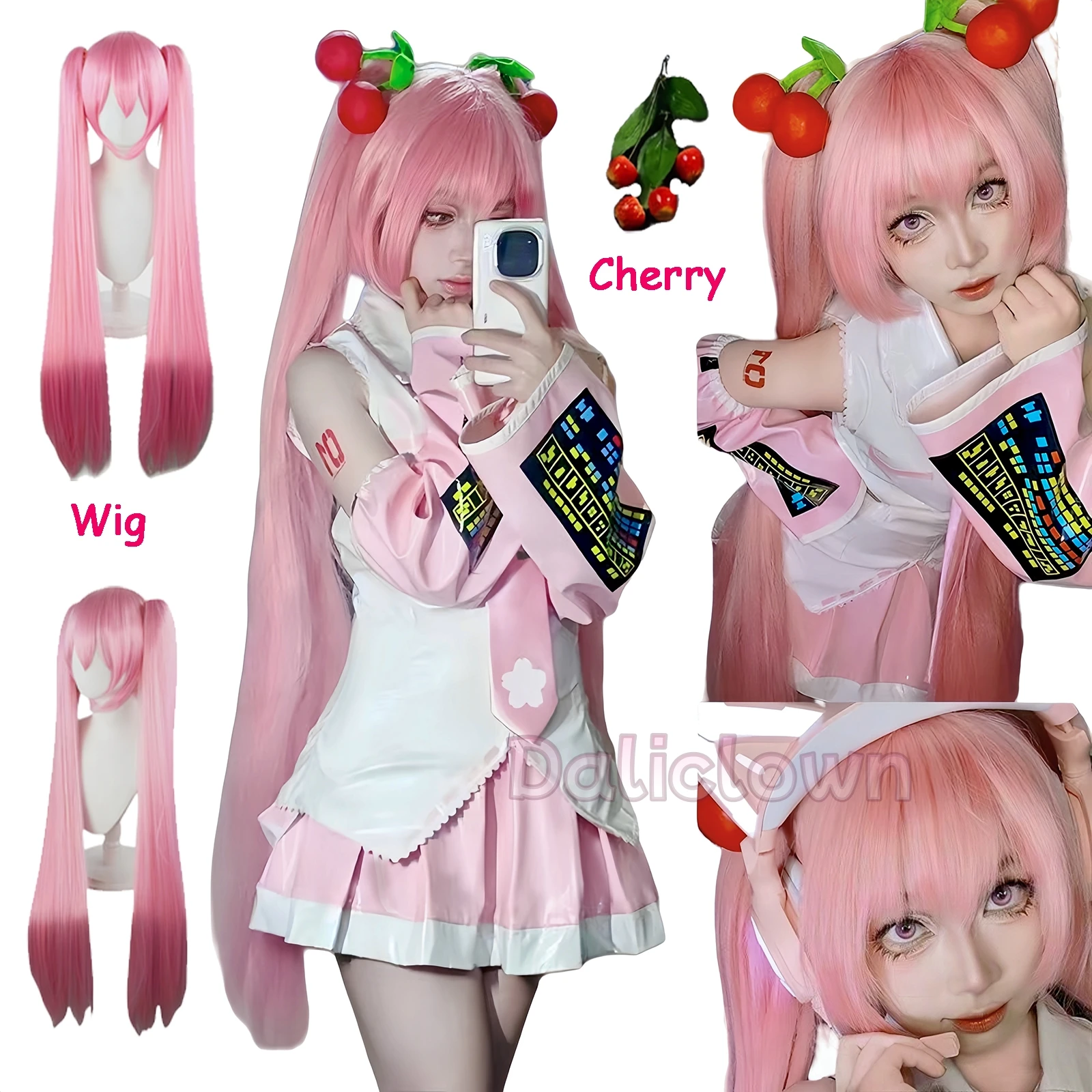 

Anime Pink Miku Cosplay Costume Suit Sakura Miku Wig JK Skirt Uniform Cherry Miku Cosplay Halloween Party Dress Accessories