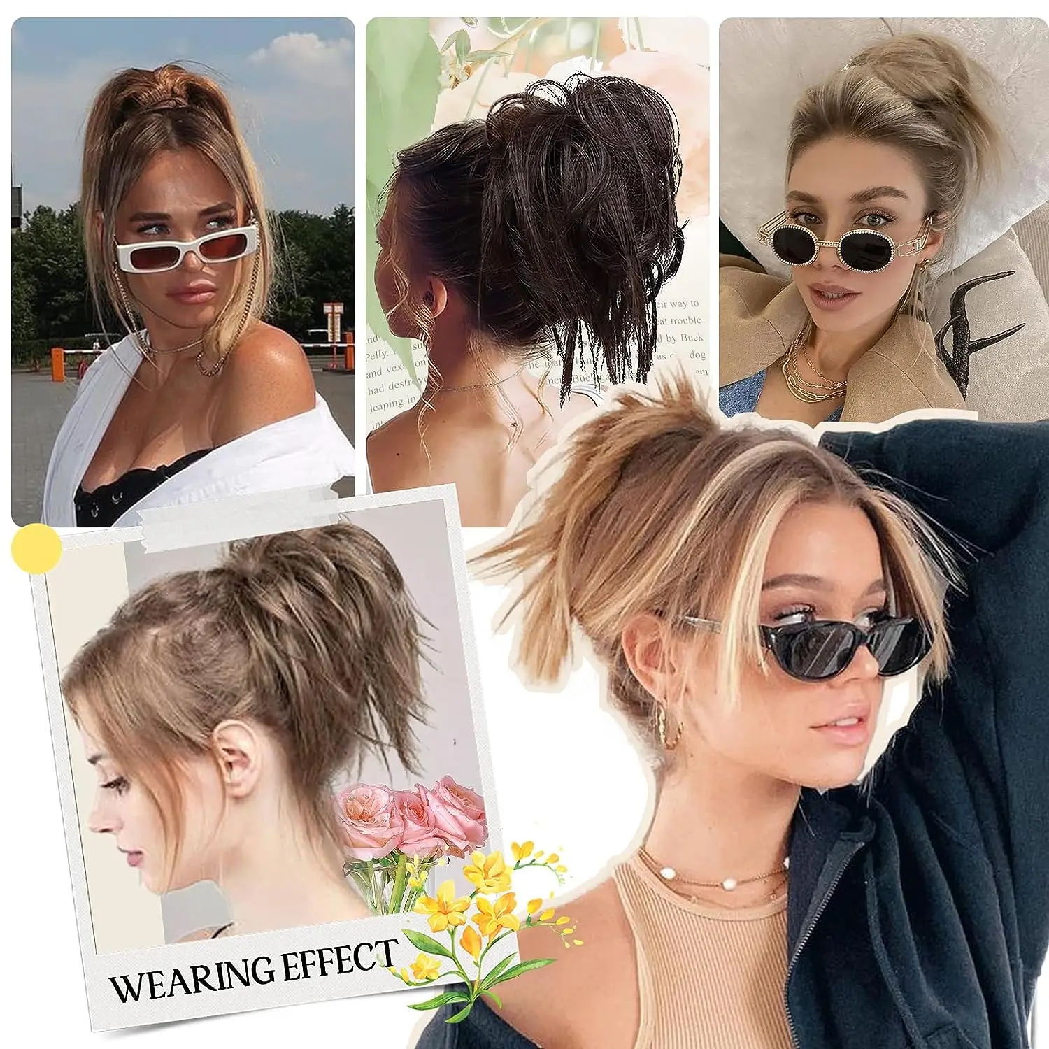 Extensiones de pelo sintético para mujer, moño liso, esponjoso y desordenado, con Clip, Scrunchy