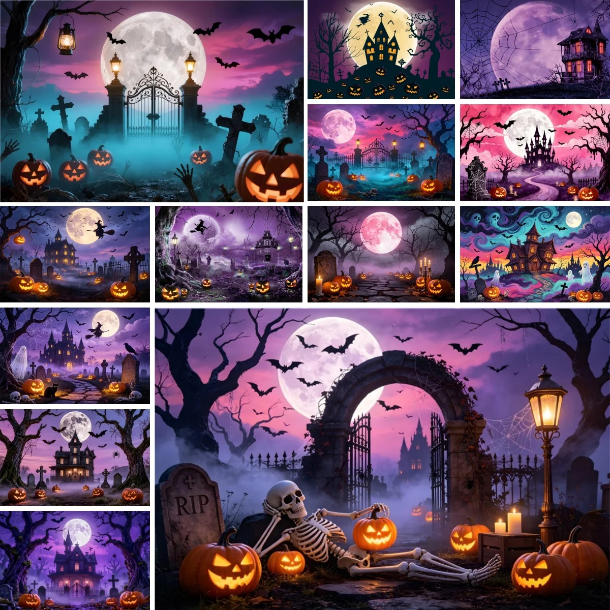 Halloween Purple Night Backdrop Horror ‌Moon Castle Graveyard Skeleton Pumpkin Light Kids Family Portrait Photo Background Props