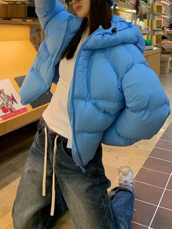

Fashionable Blue Hooded Puff Cotton Jacket Women's Winter Thick Warm Outerwear Korean Style Loose Fit Long Sleeve Zipper