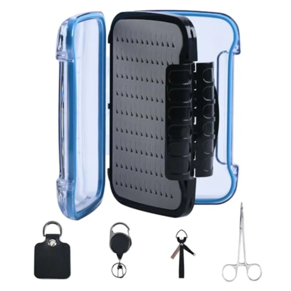 

Goture HG003C Fly Fishing Box & Tools Kit - Zinger Retractor, Two-Sided Fly Box, Forceps, Nipper, Line Leader Straightener
