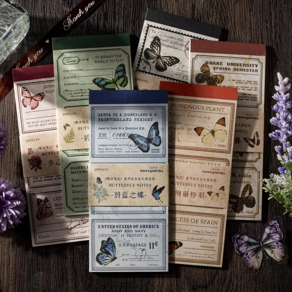 30pcs/lot Memo Pads Material PaperButterfly Notes Journal Scrapbooking paper Background Decoration stationery