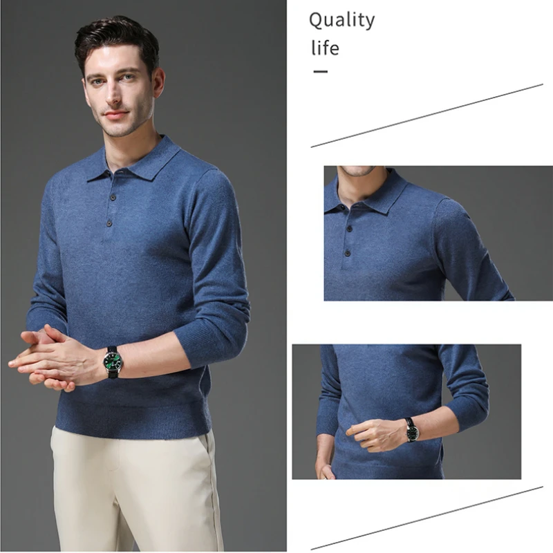 Men's Lapel Solid Color Woolen Sweater, Autumn & Winter New Stretch Top, Daily Leisure Pullover Knitwear, Business POLO