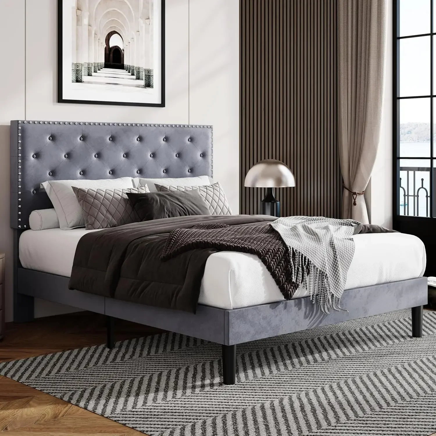 Allewie Full Bed Frame, Velvet Upholstered Platform Bed with Adjustable Diamond Button Tufted & Nailhead Trim Headboard