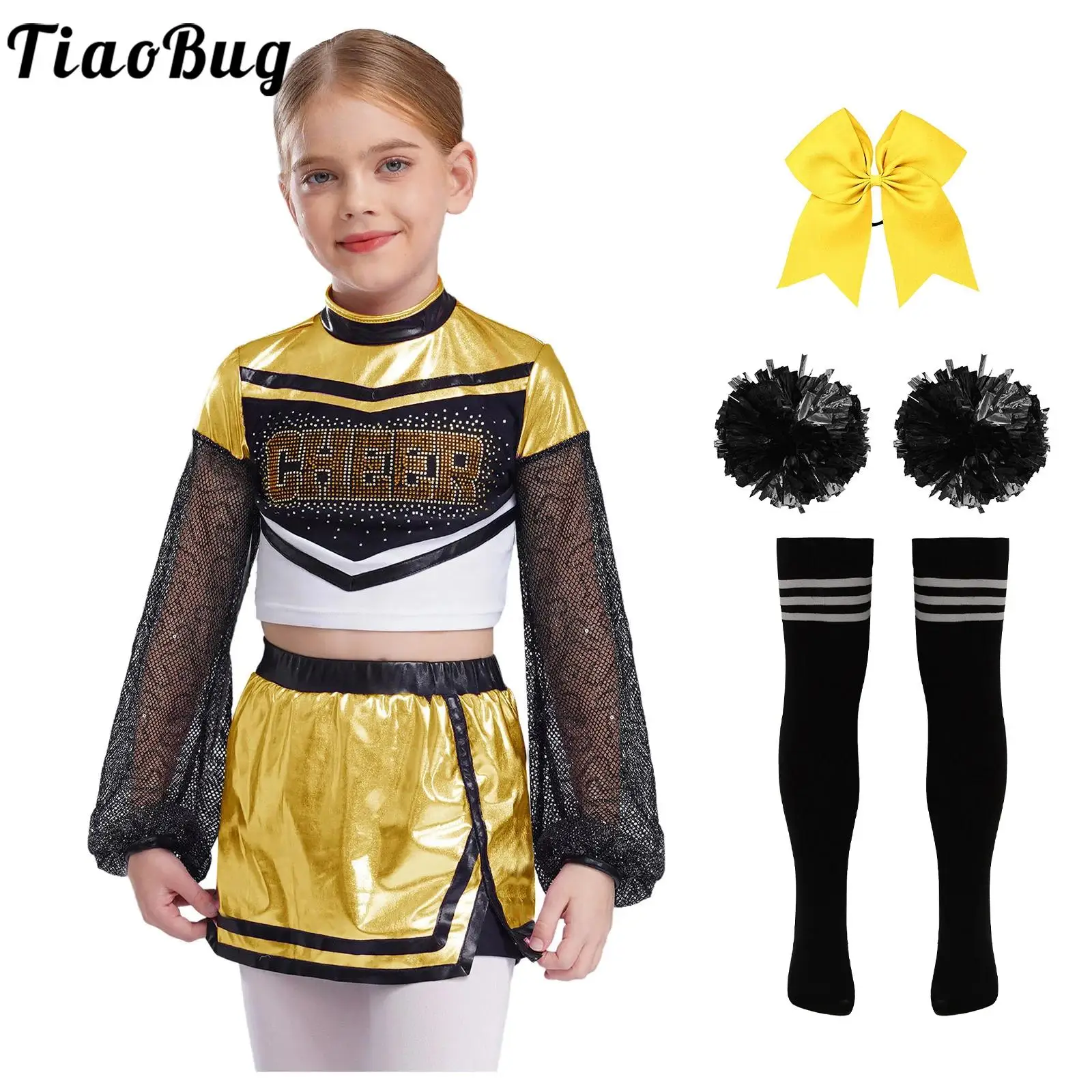 

Girls Cheerleading Uniform Set Mesh Long Sleeves Crop Top and Skirt with Flower Ball Child Cosplay Cheerleader Halloween Costume