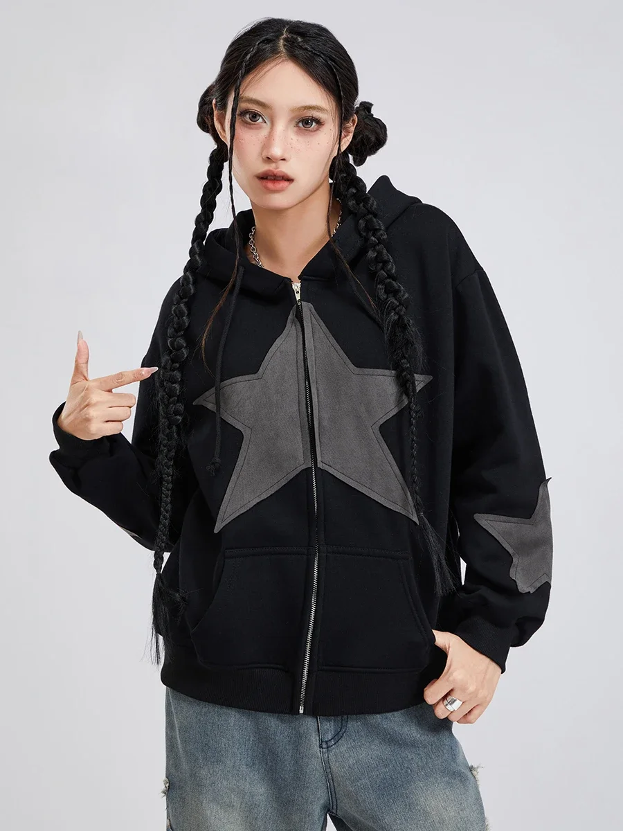 

Women Y2k Zip Up Hoodies Star Print Long Sleeve Oversized Jackets Harajuku Hooded Sweatshirt Spring Fall Fairy Grunge Coat