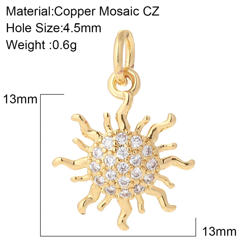 Brilliant Sun Pendant Charms for Jewelry Making Supplies Metal Copper Densely Laid Zircon Golden Color Diy Earring Necklace