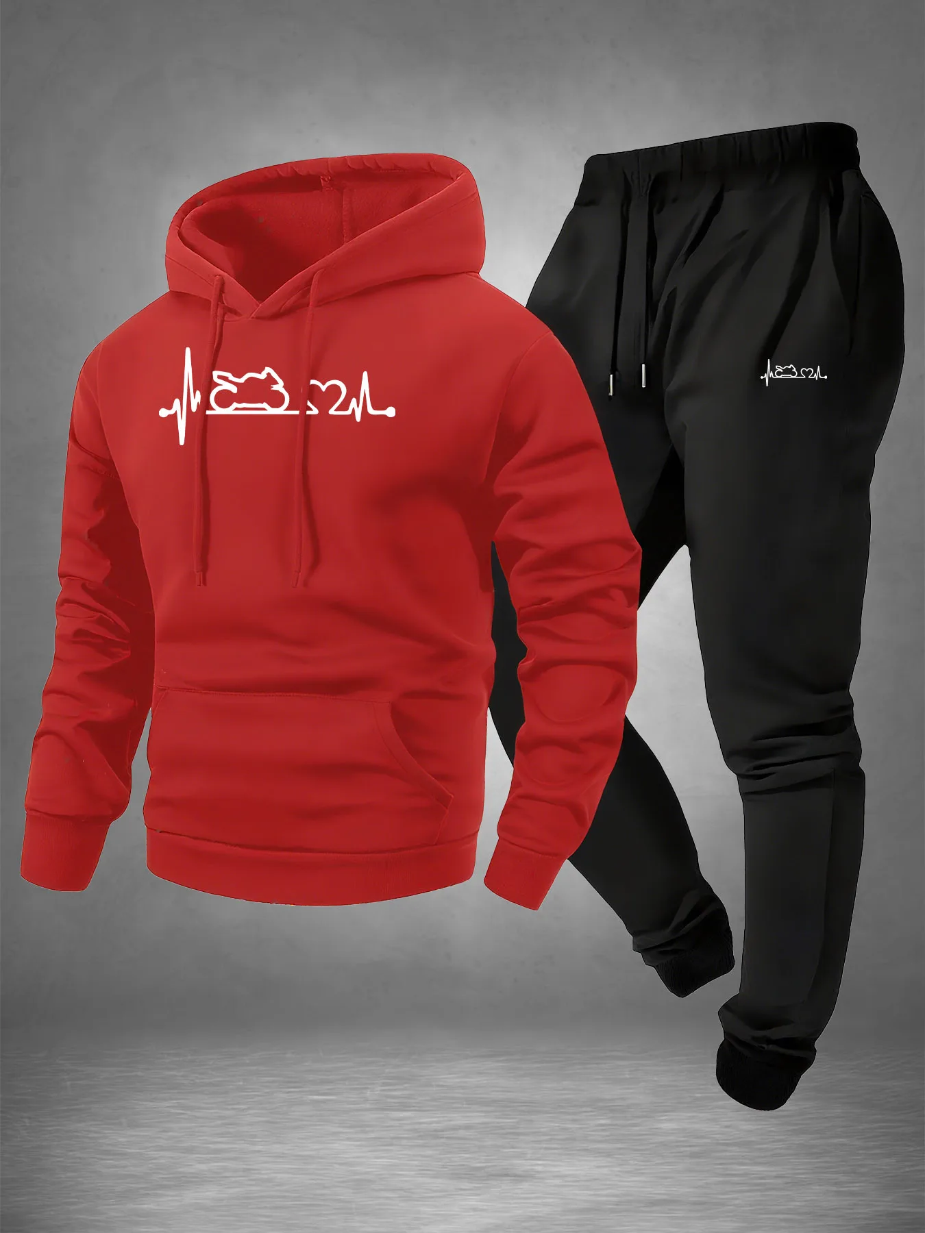 Men 2‑Piece Motorcycle Heartbeat Line Print Tracksuit ECG Graphic Hoodie Sweatpants Set Polyester Warm Jogging Suit With - view 2