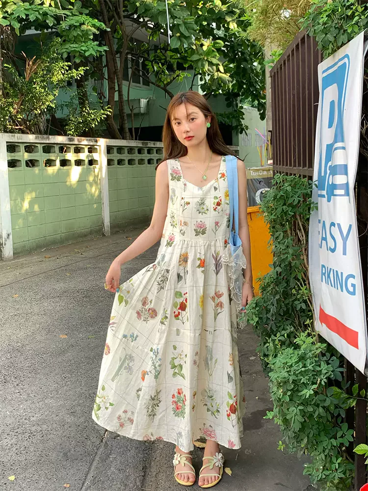 89-97cm Chest / Summer Women Elegant Floral Print Cotton Linen Dresses