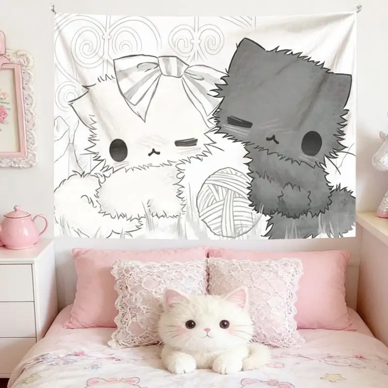 VIKAMA Cute White Cats Line Art Horizontal Tapestry Wall Hanging for Bedroom Living Room Cozy Aesthetic Modern Home Decor
