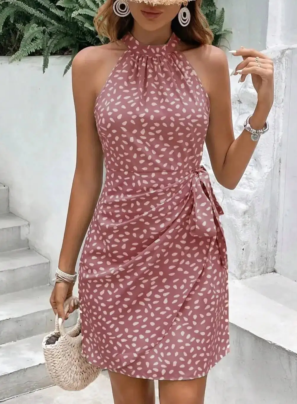 단색 폴카 도트 미니 드레스 여성용 캐미솔 민소매 레이스업 드레스 여름 휴가 파티 드레스 로브 SKZ8