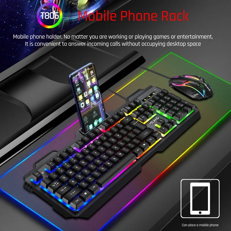 Imagem -05 - Mecânico Feel Wire Gaming Teclado e Mouse Grupo Usb Rgb Colorido Luminoso Ratos para pc Gamer Computador com Suporte para Telefone