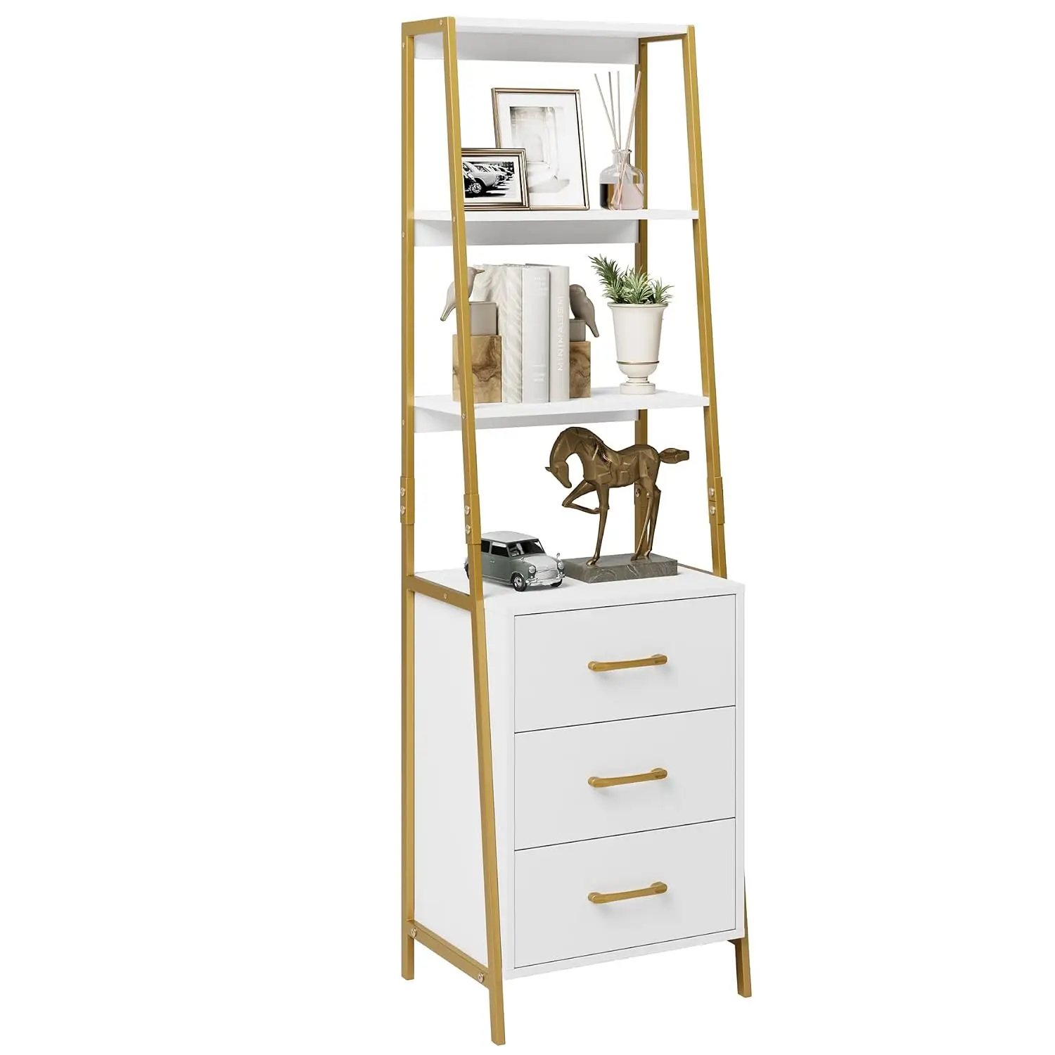 White Gold 4-Tier Bookshelf with 3 Wooden Drawers Modern Ladder Storage Organizer for Living Room Entryway Office, Customized