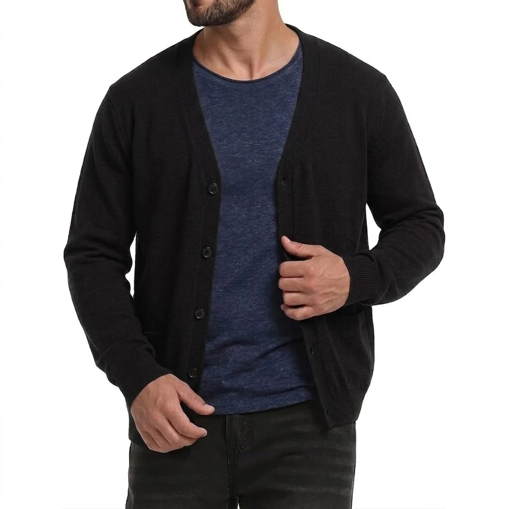 Neuer Herren-Cardigan mit langen Ärmeln, Knopfleiste, V-Ausschnitt, Strickware, lässiger Pullover, einfarbig, leichte Oberbekleidung mit Taschen. – Detail 4