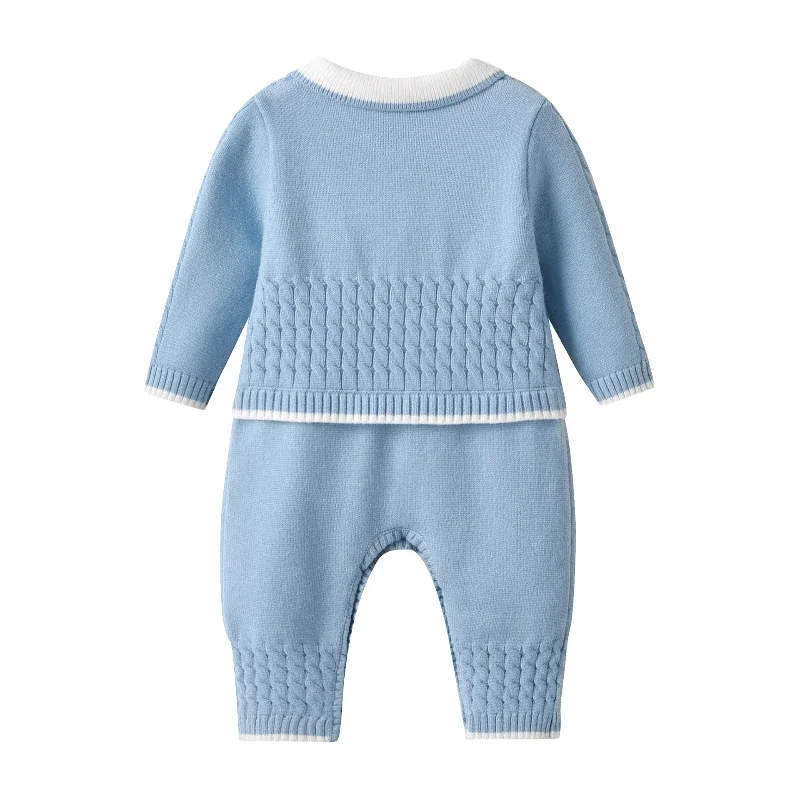 2024 Baby Sweater Clothes Boys' Korean-Style Blue Fake Two-Piece Twist Knitted Climbing Suit Newborn Autumn and Winter Costume