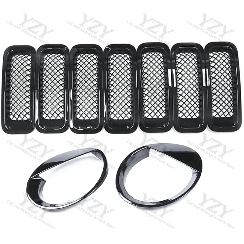 

9-Piece Front Grille Mesh Grill Insert Kit + Style Headlight Cover Trim for Patriot 2011-2016