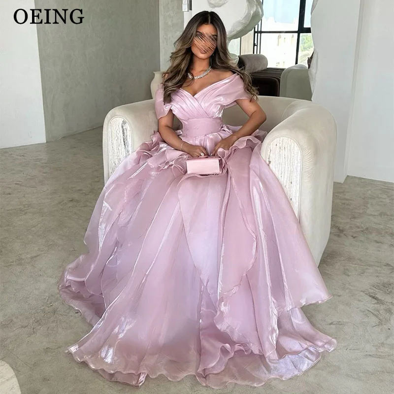 OEING Elegant Pink A-Line Prom Dresses V-Neck Off The Shoulder Tiered Party Gowns Floor-Length Organza Party Dress Customized