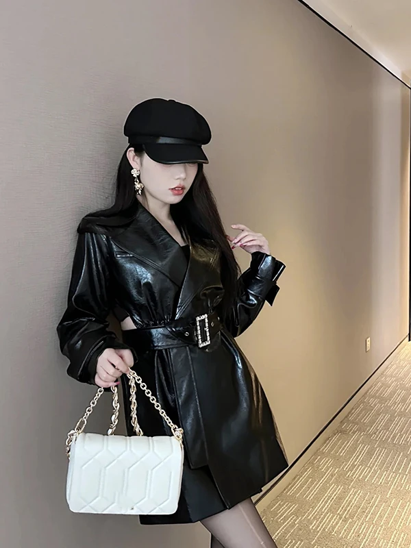 Casaco de couro de luxo eficaz para emagrecimento com cinto e diamante bule comprimento médio com entrescamento na cintura corta-vento