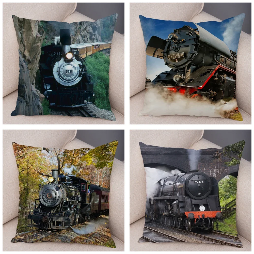 Pillowcase Vintage Style Steam Train  Decor Retro Colorful Car Cushion Cover