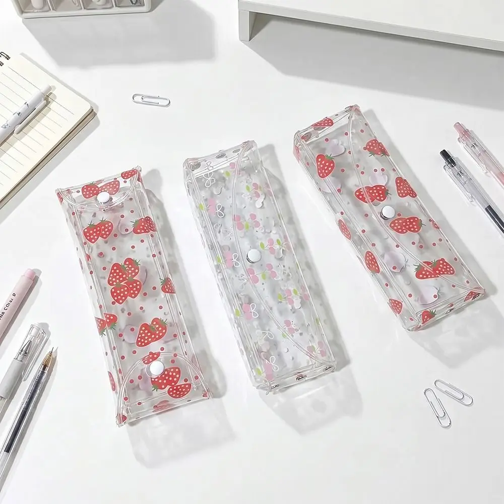 High Quality PVC Pencil Case Transparent Strawberry/Cherry Print Stationery Pouch Snap-button Type Stationery Bag School Office