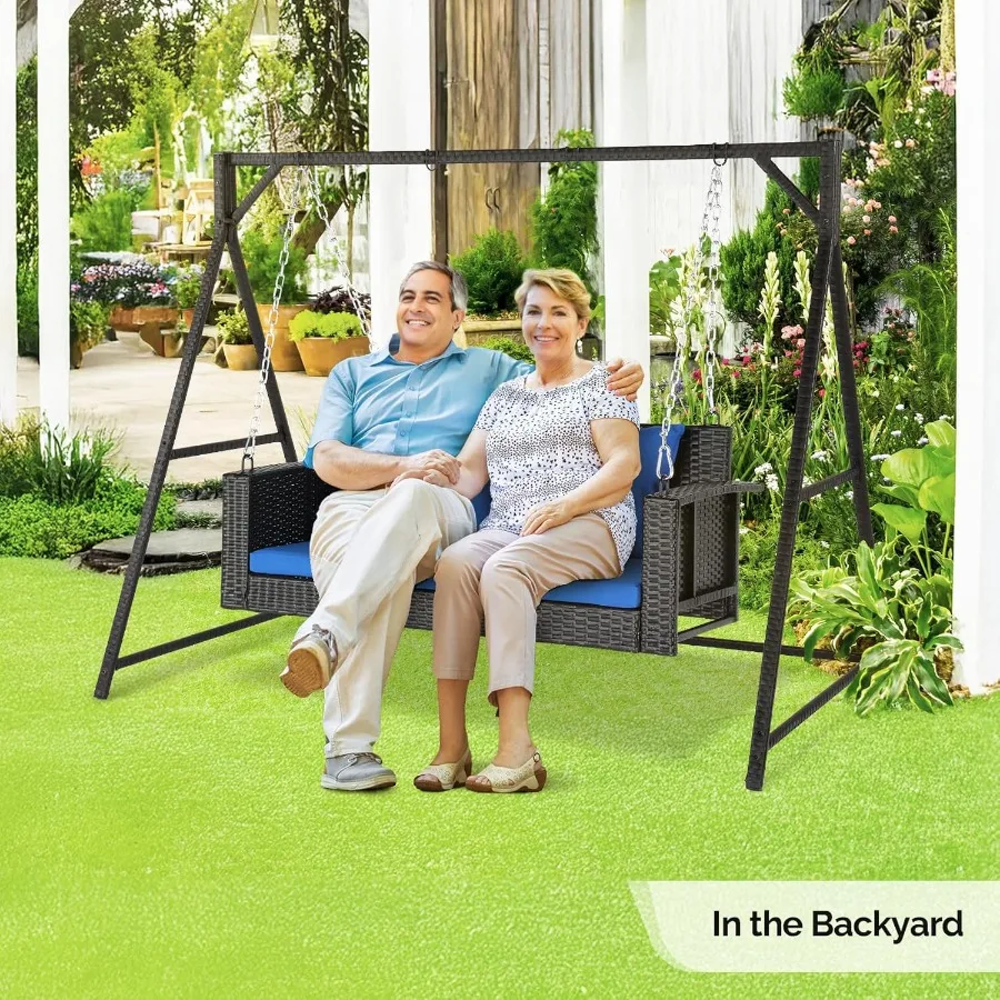 Outdoor Wicker Porch Swing With Stand Heavy Duty 800 Set With Cushions 4FT for Yard Garden Lawn Black Durabl
