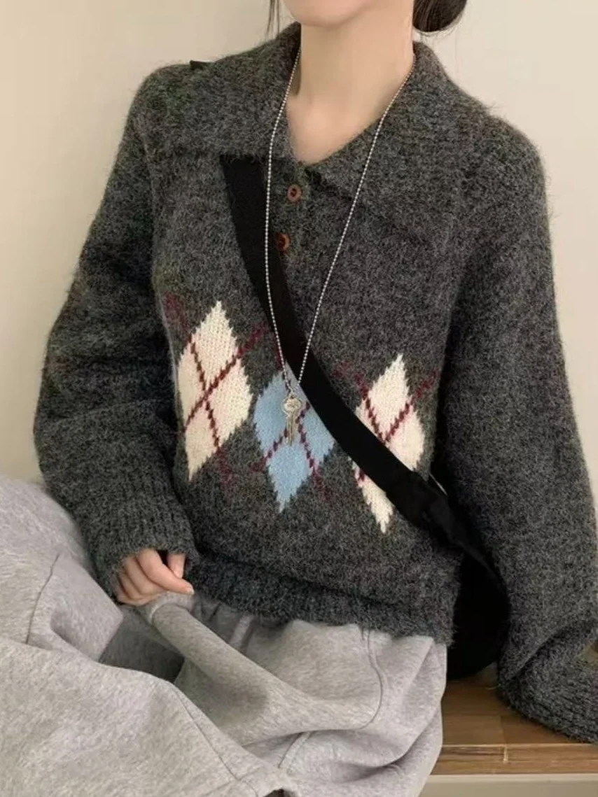 

Корейский вязаный свитер Camere, женский зимний длинный светер с ромбовидным узором, свободный утягивающий топ Lazy Sle Top