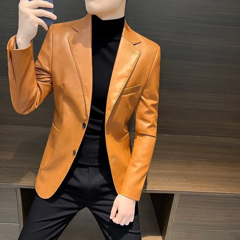 

Men's Suit Jacket Autumn 2025 New Leather Jacket Single Suit Casual Solid Color Button Versatile Leather Suit