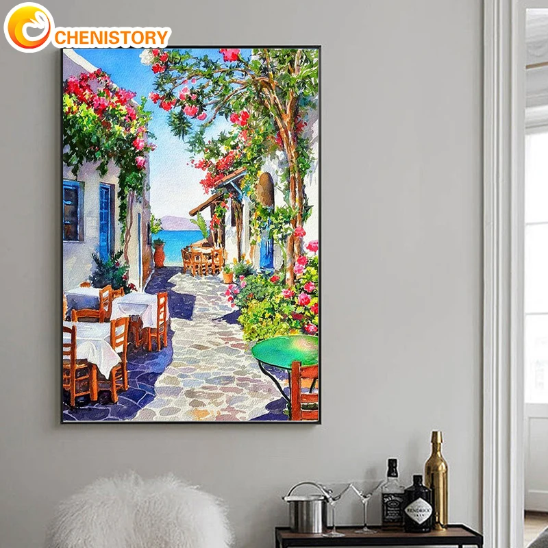 CHENISTORY Diy Pictures By Number Flower Town Kits HandPainted Art Painting By Numbers Scenery Drawing On Canvas Home Decor