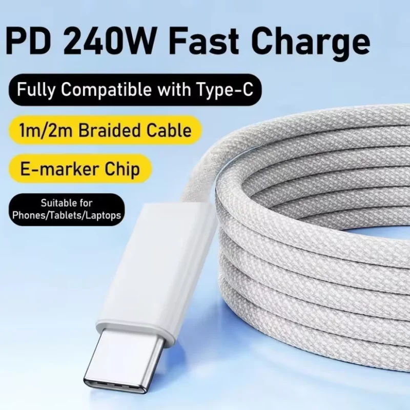 240W Fast Charge Braided USB‑C to USB‑C Cable PD Charging Data Transfer Cord Durable Nylon Wire For Macbook Samsung Xiaomi