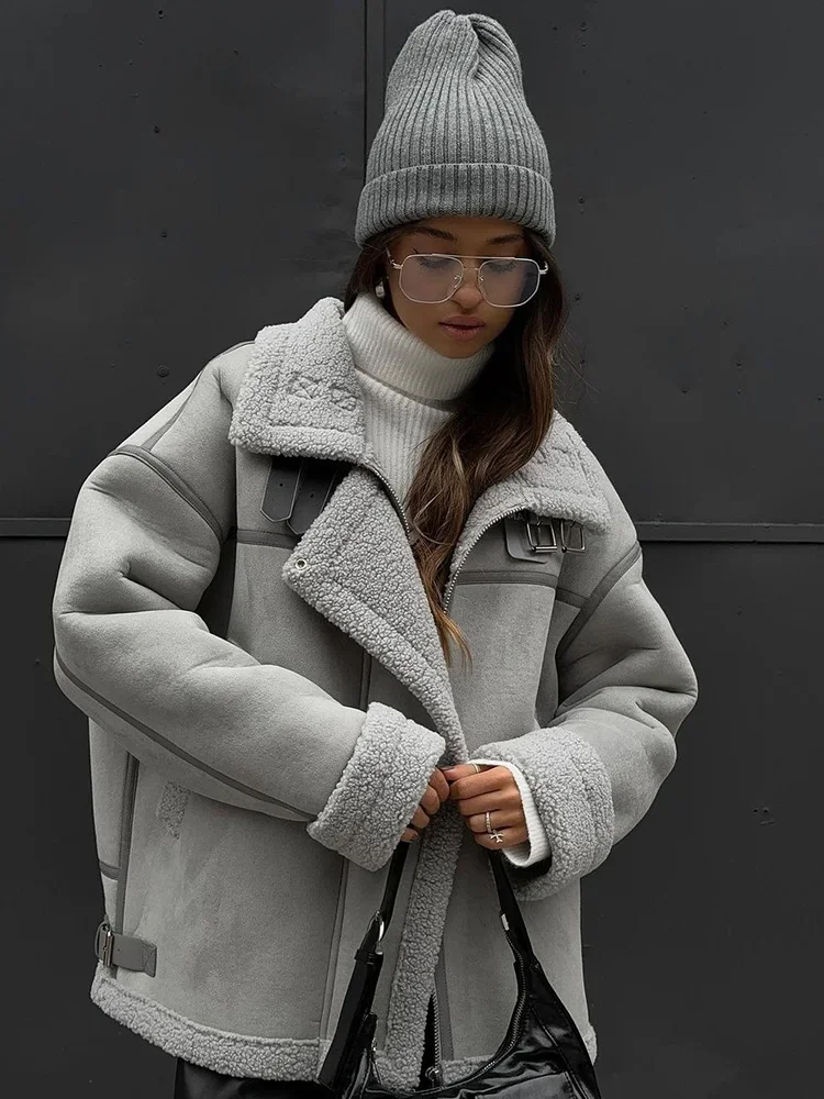 

Lamb Wool Zipper Short Coats Women Loose Casual Winter Thick Warm Jacket Female Fashion Turn-down Collar Solid Streetwear Coats