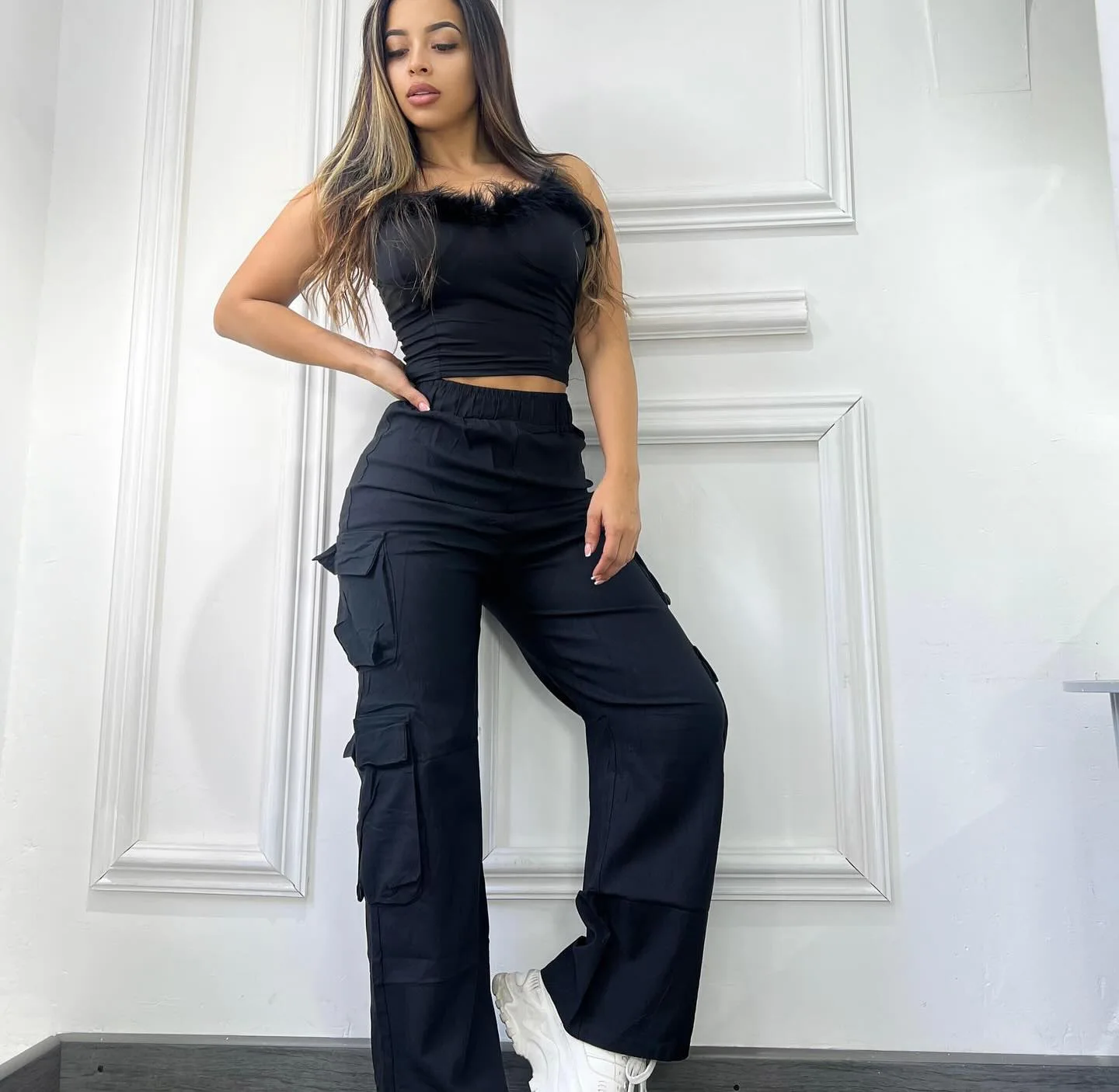 XE8368  Streetwear Basic Buckle Cargo Pants Women Parachute Trousers Solid Straight Leg Big Pockets Baggy All-Match Sweatpants