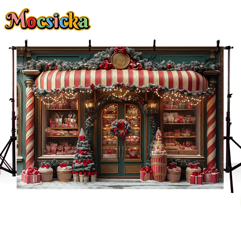 Mocsicka Photography Background Winter Christmas Dessert Shop Snow Xmas Trees Kids Family Portrait Decor Backdrop Photo Studio